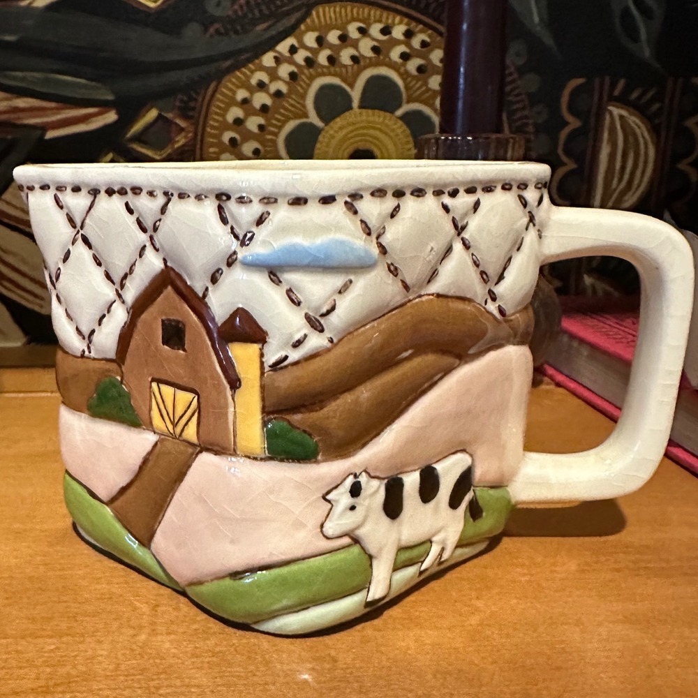 Vintage Farmhouse Cow Barn Ceramic Creamer Pitcher Square Mug Quilted Folk Art